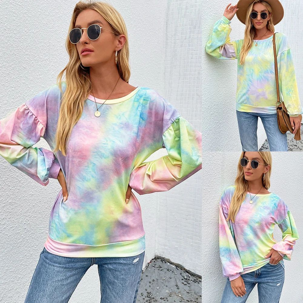 

Independent research and development of new autumn and winter clothes 2021 tie dyed long sleeve women's sweater round neck top