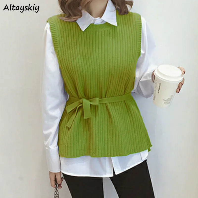 Жилет женский трикотажный без рукавов однотонный джемпер с поясом элегантная