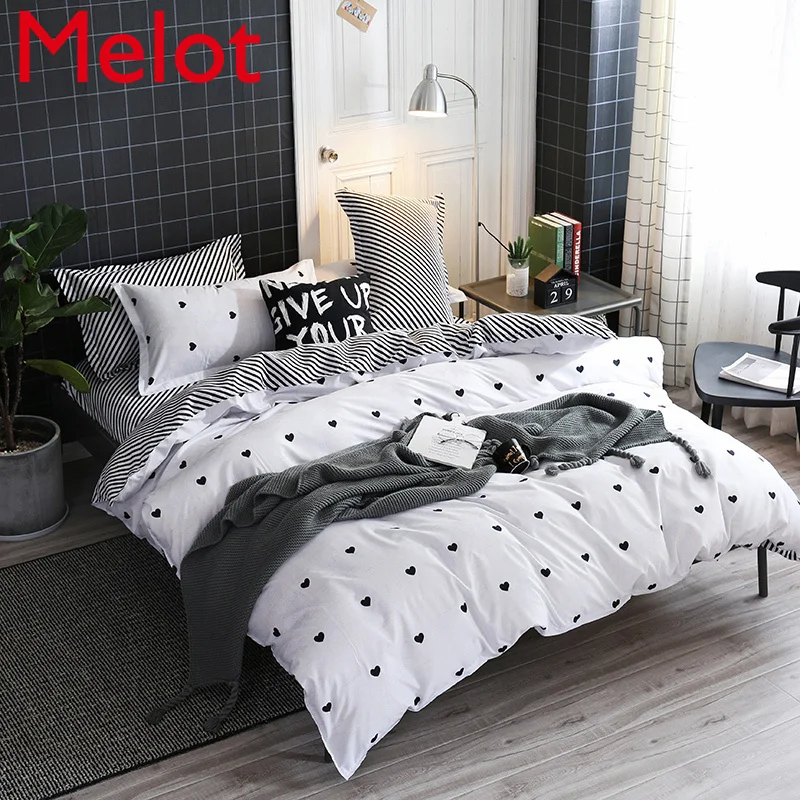 

Winter Warm Thickened Cotton Bedding Striped Plaid Printed 3-Piece Quilt Cover Set Cute Girl Heart Bedding