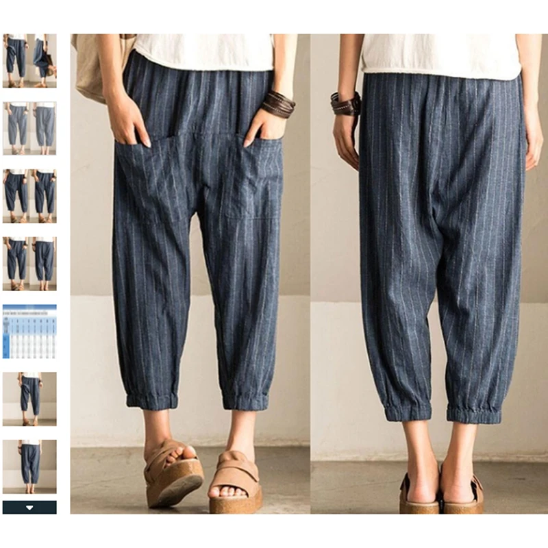 

Vintage Striped High Elastic Waist Pockets Trousers Women Casual Loose Harem Pants Work High Waist Ankle-length Pant