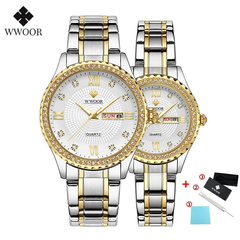 sliver white WWOOR модные часы для влюбленных, мужские и женские часы, кварцевые часы из нержавеющей стали, ЖЕНСКИЕ НАРЯДНЫЕ часы, часы для пар, подарки, parejas - Цвет: sliver white