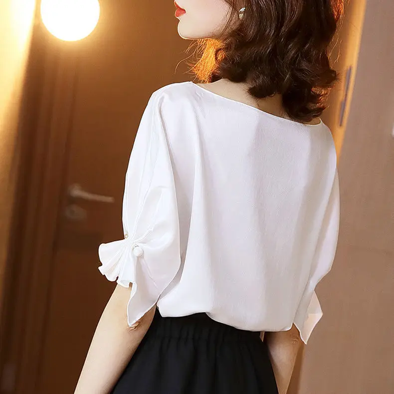 

Women Slash Neck Tops Short Sleeve Loose And Thin New T-shirt For Women Summer Female Clothes Tops Office Lady T-shirts P3 231