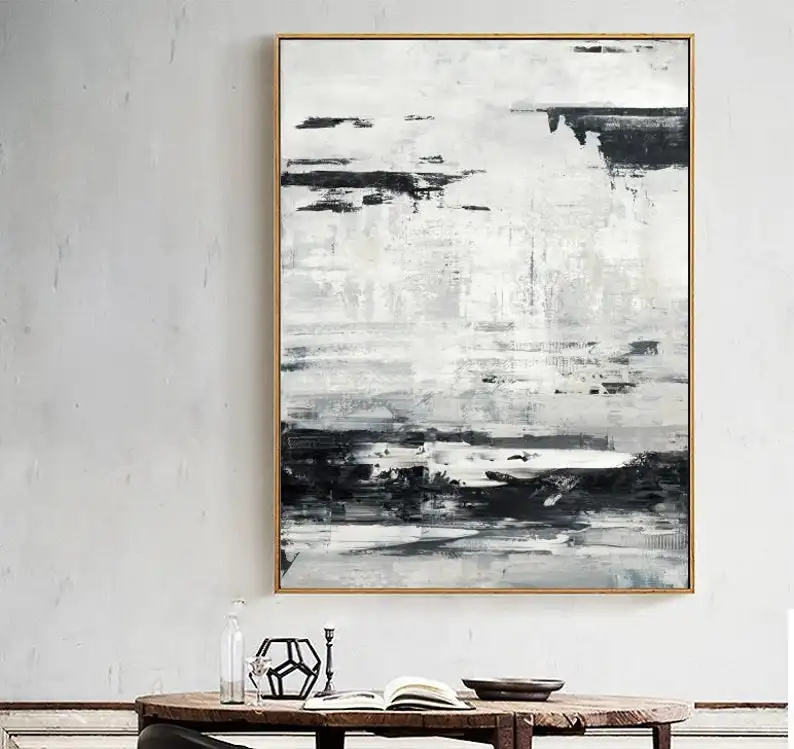 

Black White Painting Sea Landscape Painting Ocean Large Wall Art Texture Abstract Painting Large Canvas Art Grey White Art
