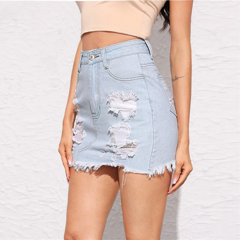 SHEIN пастельный синий Необработанный Край рваные детальные джинсовые юбки женские летние на молнии Fly Bodycon Средняя Талия Повседневная мини юбка-карандаш