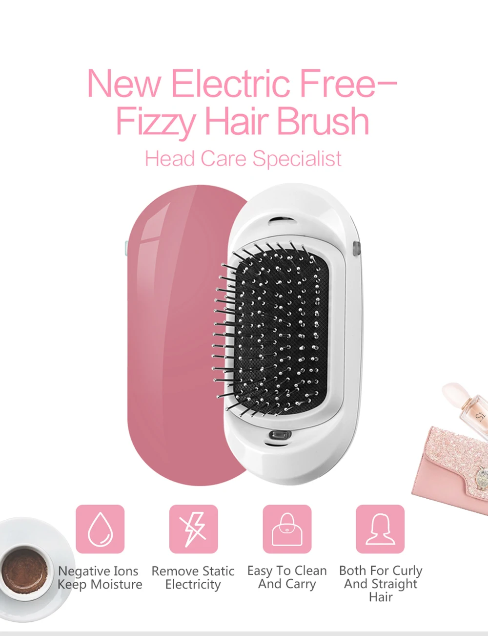 2.0 Fashionic Hair Brush Portable Electric Ionic Hairbrush Vibrating Scalp Massage Comb Double Negative Ions Release Antic-Stati