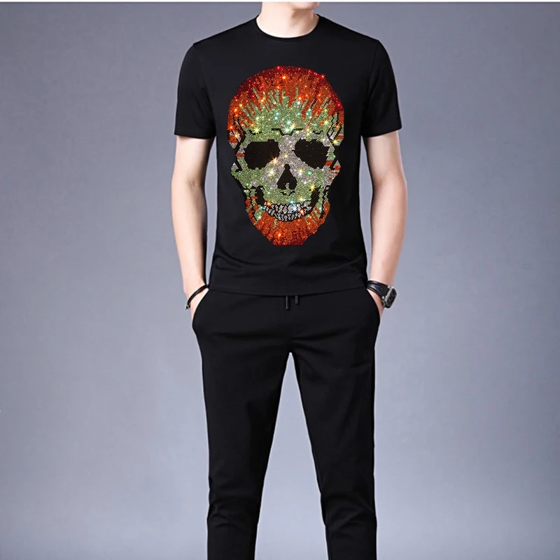 

Летний брендовый спортивный костюм для бега в Корейском стиле, футболка + брюки, Мужская Высококачественная отделка стразами