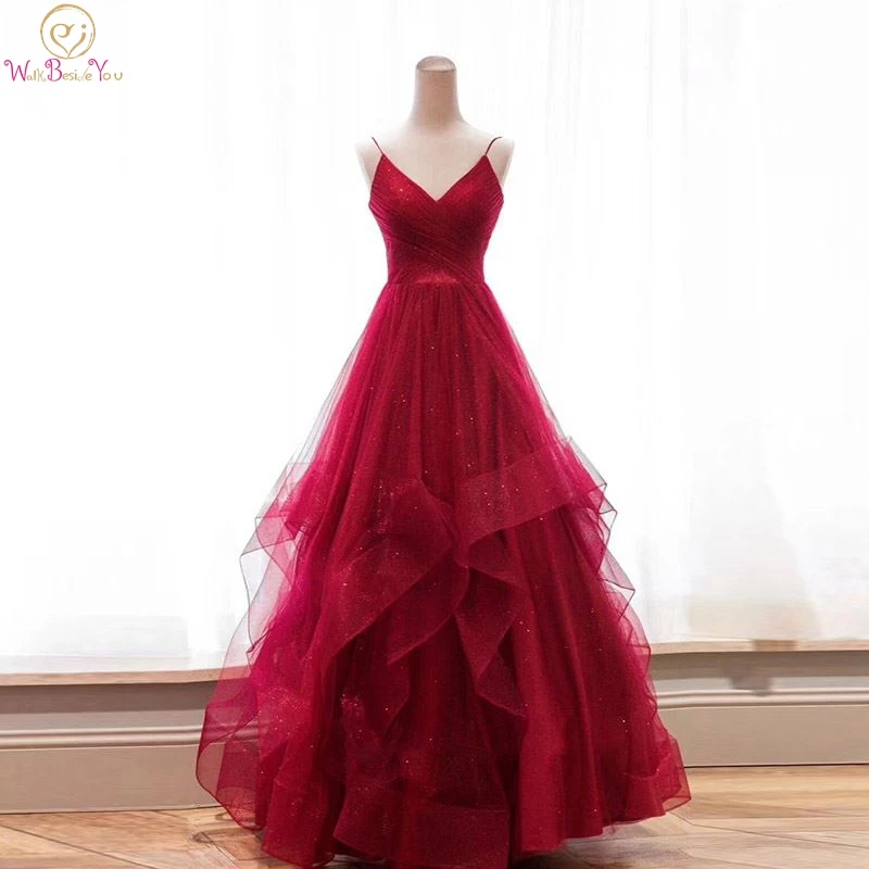 

Wine Red Bling Prom Dresses Long Formal 2020 Spaghetti Strap Ruffles Sequined Pleats V Neck Ball Gown Lace Up Party Evening Gown