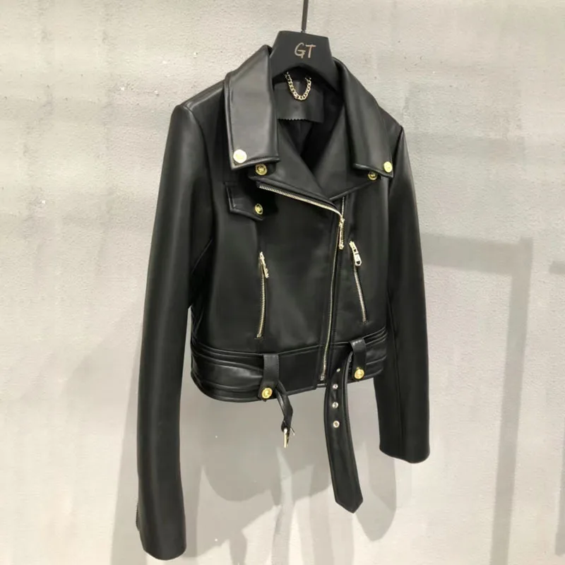 Women's Genuine Leather JacketSpring ClothingShort LengthHigh Quality Real Sheepskin PatternDown-Turn Collar