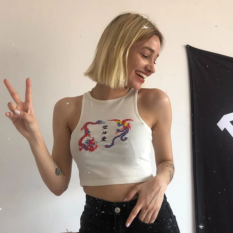Кроп-топ Artsu женский с вышивкой дракона повседневный топ без рукавов уличная