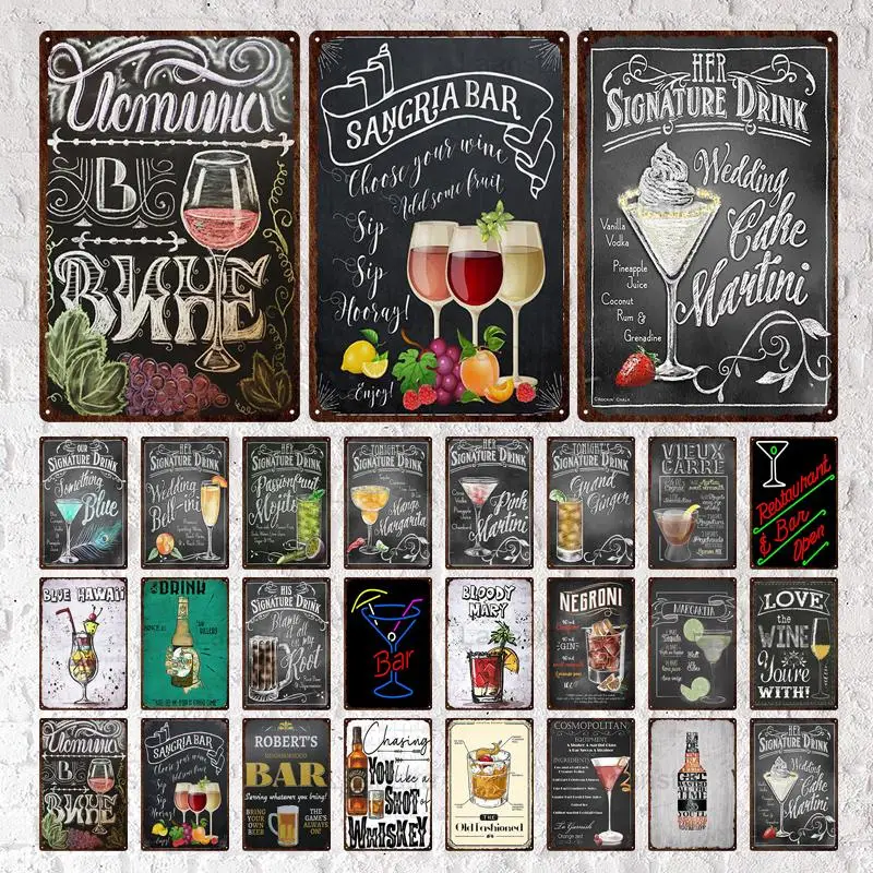 

Cocktail Bar Menu Retro Metal Tin Signs Mojito Martini Signature Drink Wine Juice Plaque Vintage Poster Bar Pub Cafe Wall Decor
