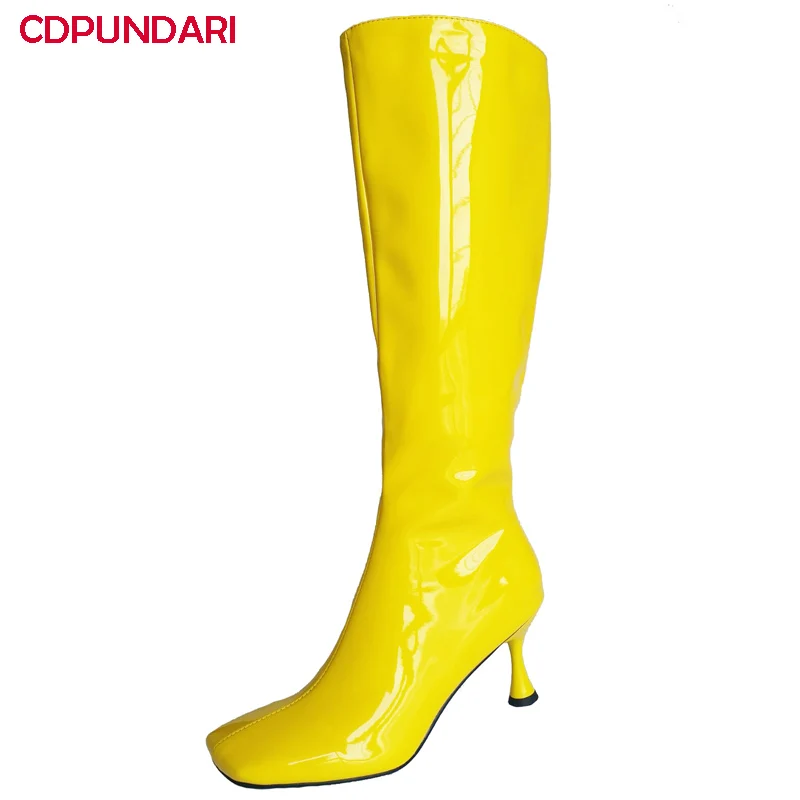 Новые женские лакированные кожаные сапоги до колена с квадратным носком на