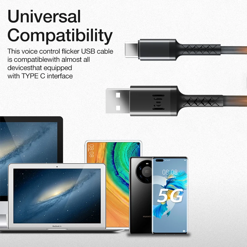 

GENAI Voice Control Flash RGB LED Light USB Type C Cable Phone Charging Cord USB C Cable Fast Charge Quick Data Cable Android