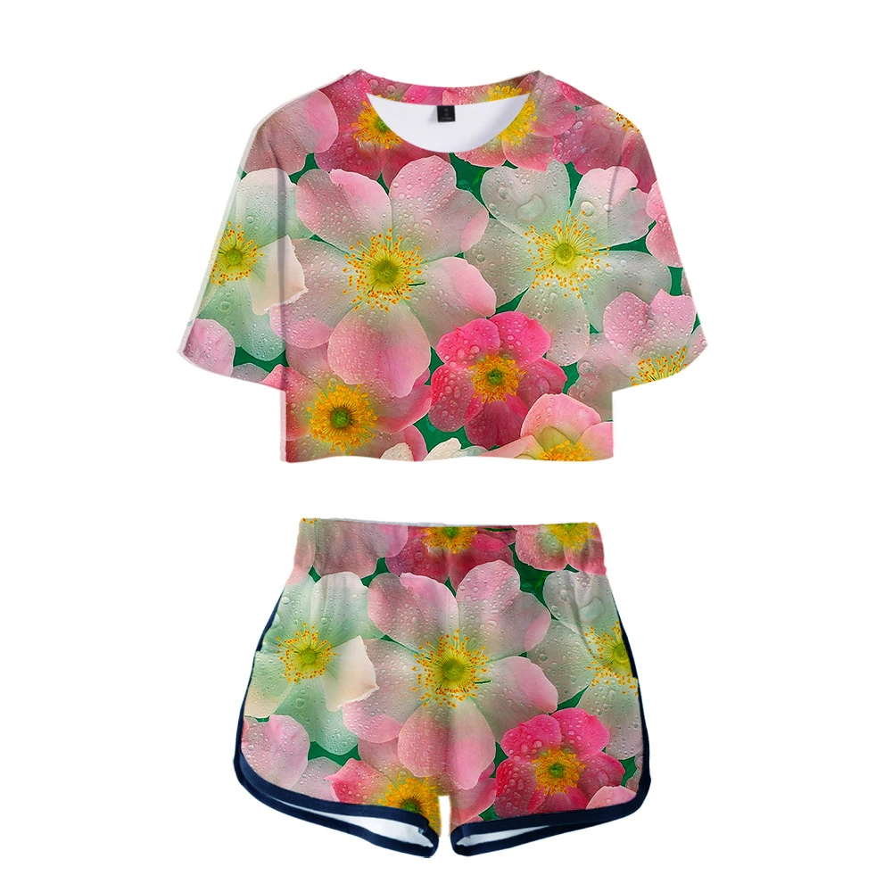 

Hot Sale Women T-shirt and Shorts Set, Colorful Flower Rose Flower Chrysanthemum T-shirt and Shorts Two Piece Set Women's suit