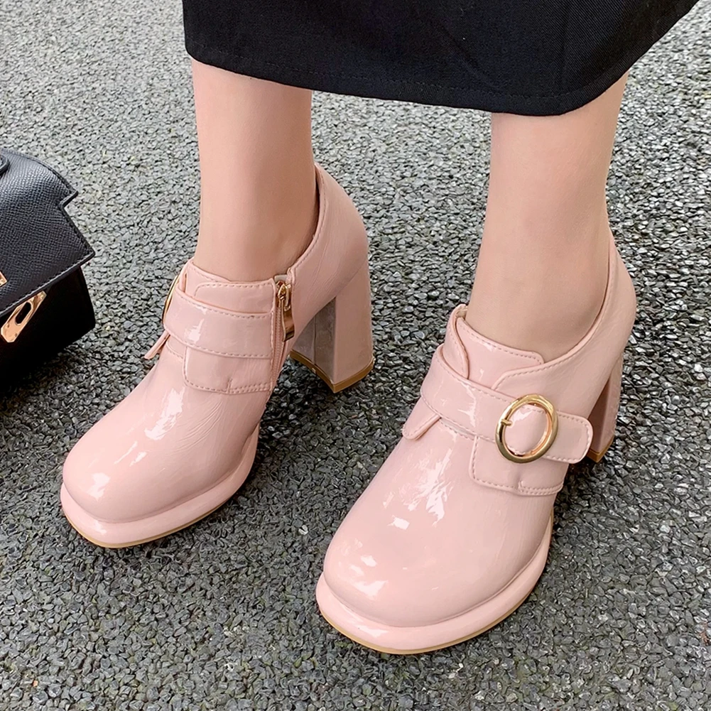 

BONJOMARISA Office Lady Stylish Round Toe Buckle Zipper Pumps Solid Fashion New Pumps Women Casual Brand Classic Shoes Woman
