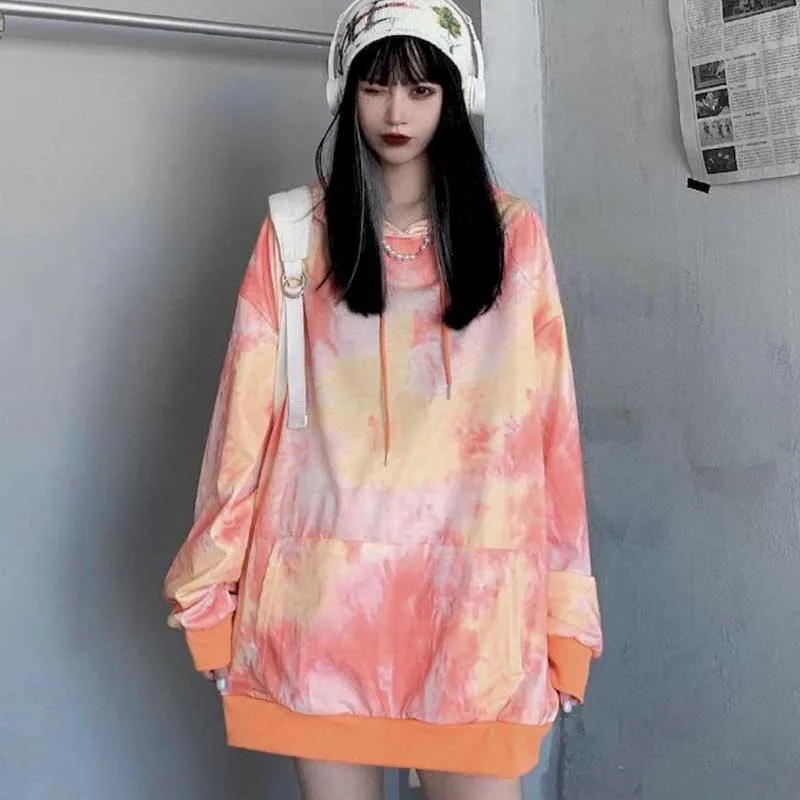 

Lazy Style Hooded Hoodies Women's Mid-length Spring And Autumn Loose Korean Style Thin Top Harajuku High Street Style Tie-dye Al