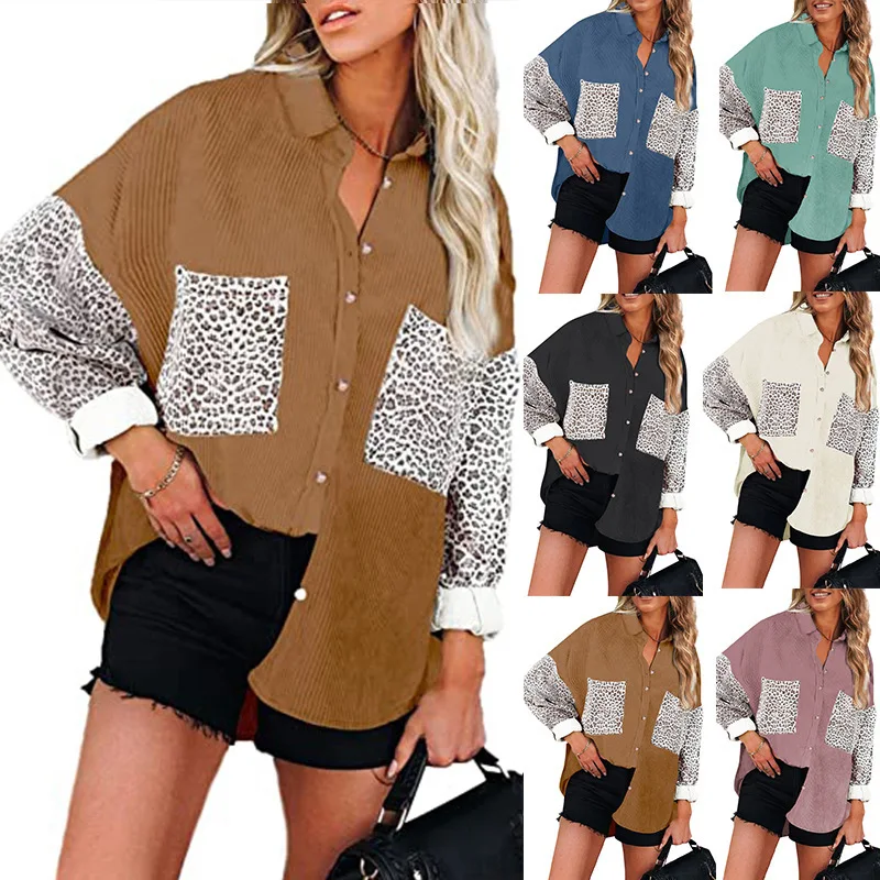 

2021 Autumn Winter New Corduroy Leopard Shirts for Women Casual Outwear Clothing Fashion Cardigan T-Shirts Tees Loose Tops