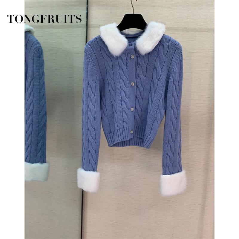 Белый норковый меховой воротник твист свитера Soild с длинным рукавом Femme