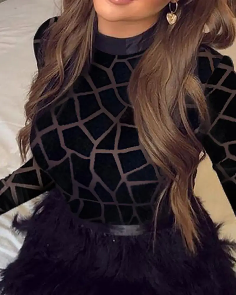 

Mesh Patchwork Feather Design Dress