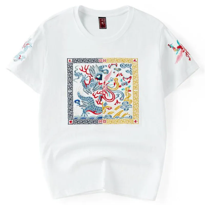 Футболка мужская с вышивкой дракона и феникса в стиле хип-хоп | Мужская одежда