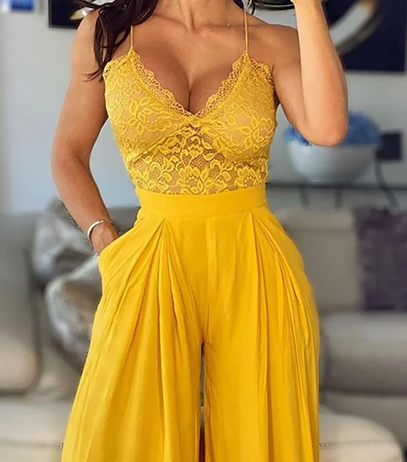 

Новинка лета 2021, элегантный сексуальный кружевной комплект с широкими штанинами на бретелях для женщин