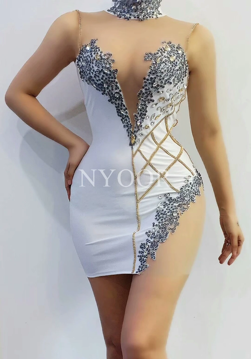 

White Sleeveless Transparent Short Dress Bar Birthday Celebrate Party Rhinestones Dress Bodycon Prom Outfit Women Singer Dress