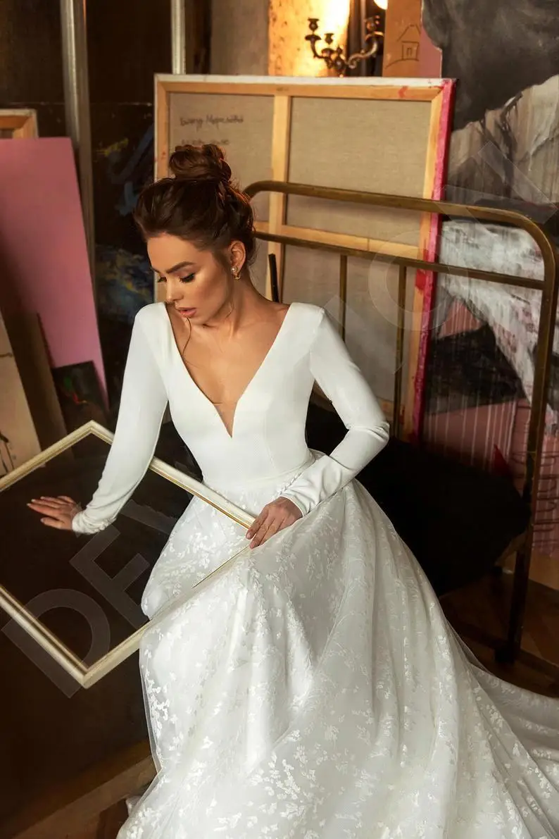 Robe de mariee винтажное кружевное атласное свадебное платье с длинным рукавом сексуальное платье с глубоким v-образным вырезом платье для невесты без спинки для свадьбы