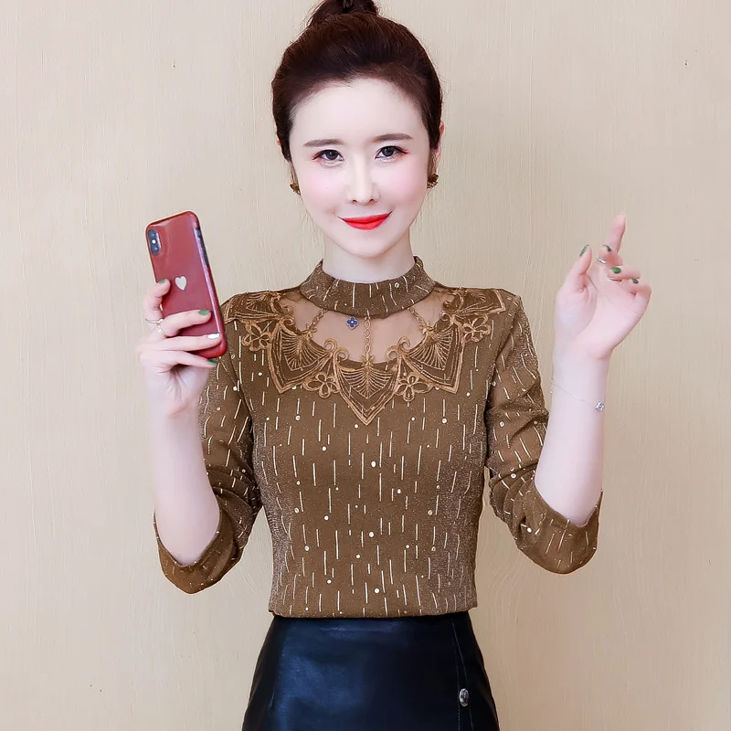 Модные кружевные рубашки с принтом винтажные Блузы круглым вырезом и длинным