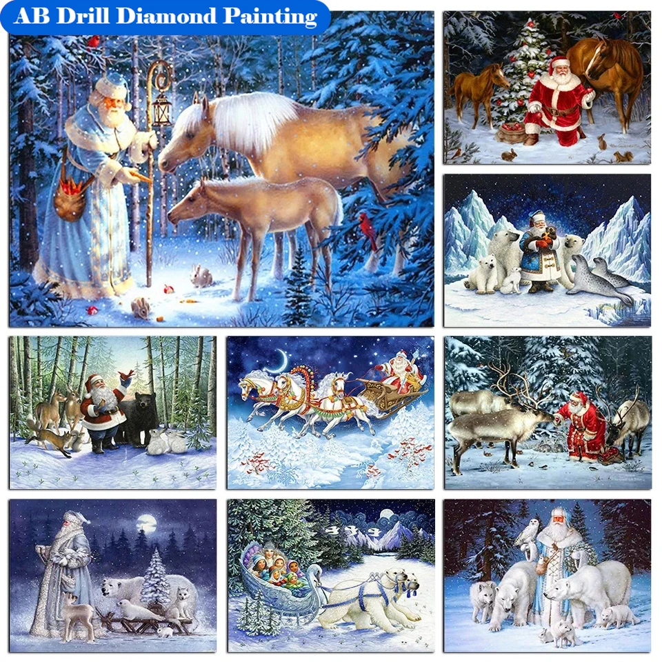 

Алмазная вышивка Ab бриллиантовый рисунок Рождество с Санта-Клаусом 5D DIY, снежный пейзаж, мозаика, вышивка крестиком, ремесла, украшение для д...