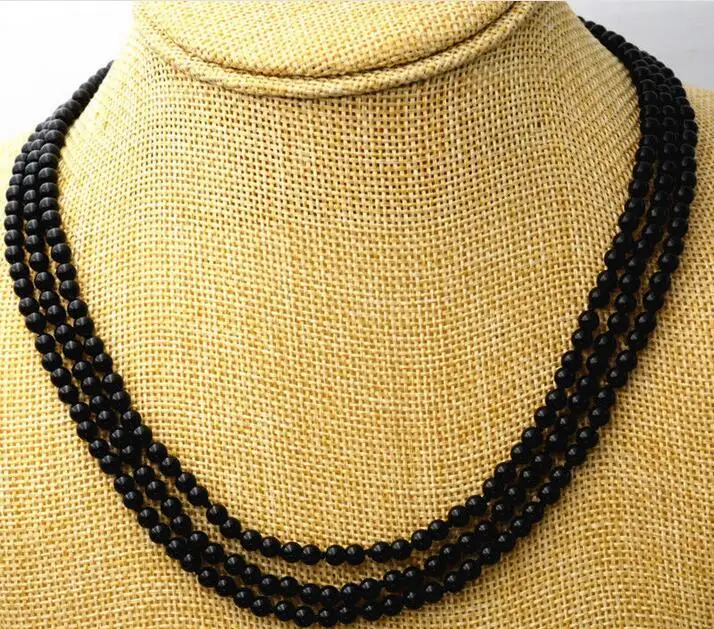 

NEW Fashion jewelry 3 rows 6 mm natural black bead necklace 17-19 "AAA
