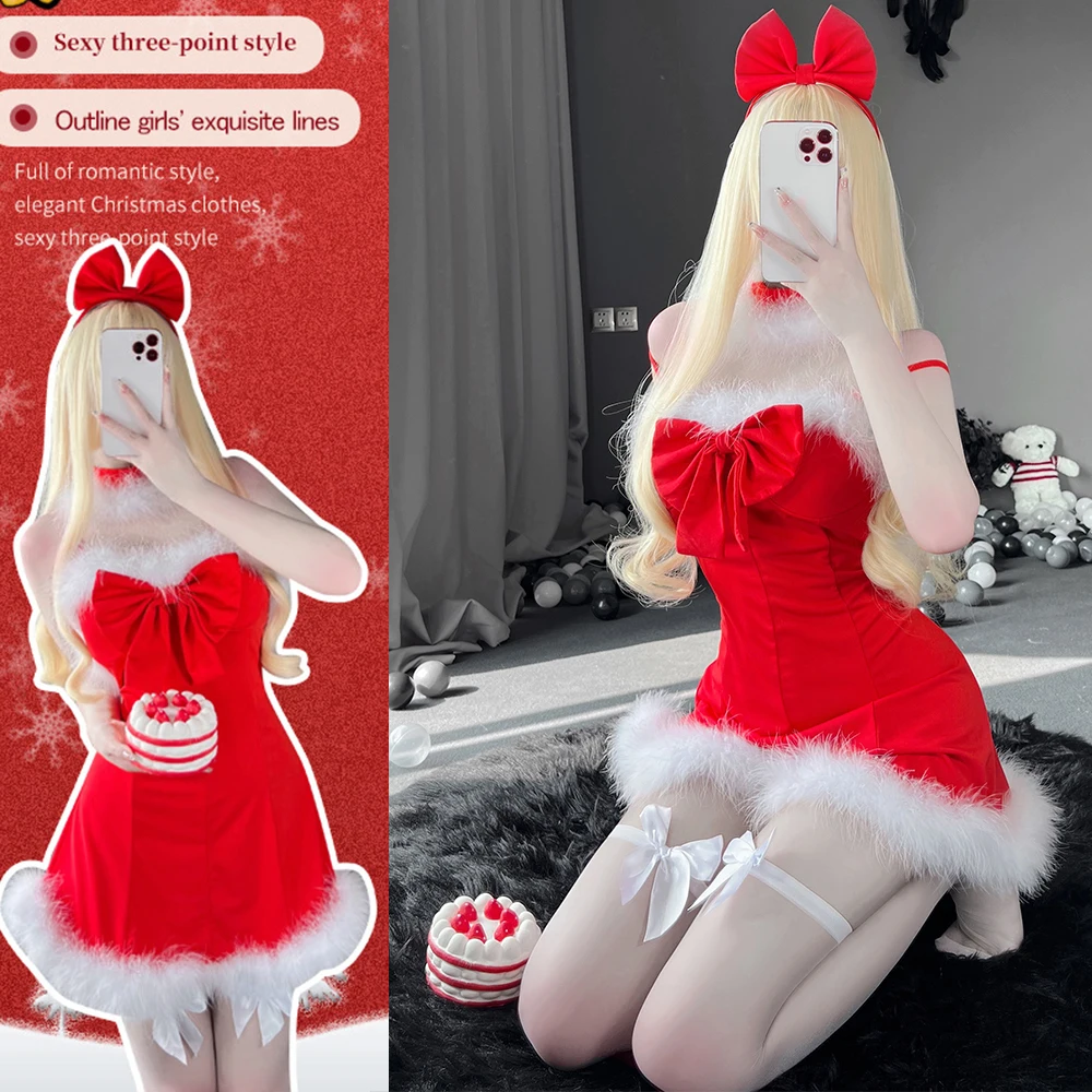 

Women Sexy Christmas Dress Set Red Sexi Erotic Uniform Winter Xmas Sexy Princess Lingerie Sling Backless Bra Dresses