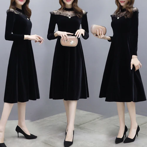 Золотое бархатное платье для женщин лоскутное кружевное осенние женские Платья