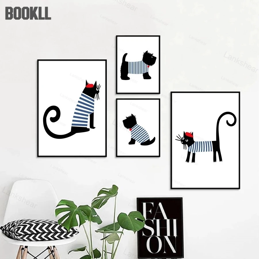 

French Style Dog Art Print Poster Cute Cartoon Scottish Parisian Dachshund And Cat Prints Canvas Painting Poster Home Decor