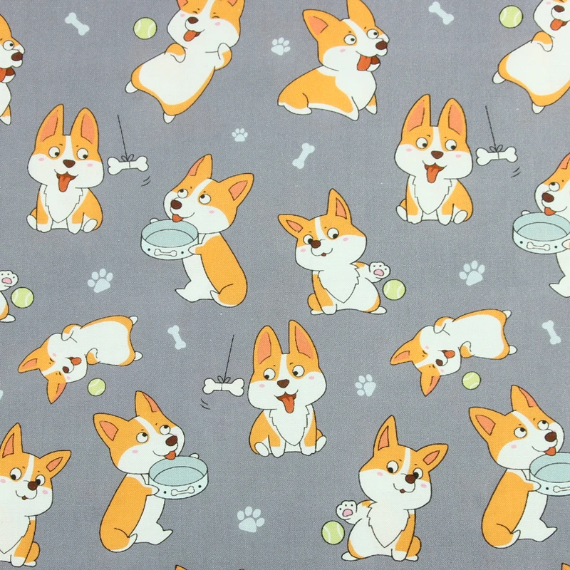 

45cm * 110cm Plain Weave Cotton Cartoon Corgi Dog Print Fabric Sewing Material Quilting Patchwork Needlework DIY Handmade Cloth