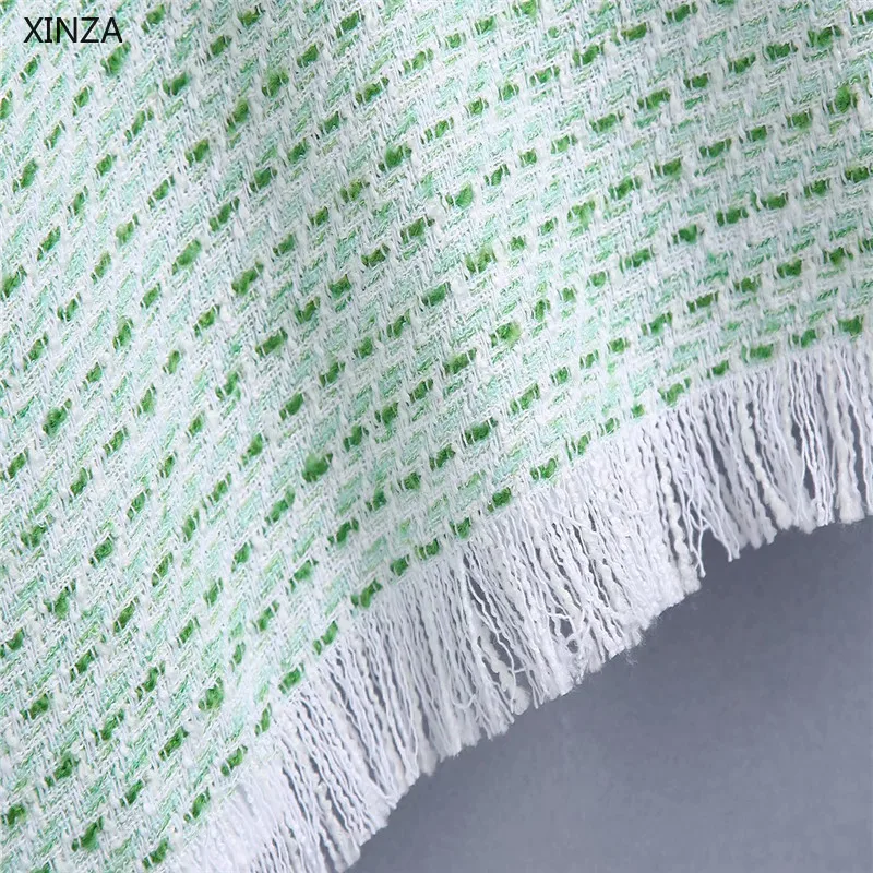 

2021 Za Women Spliced Textured Green Shirt Puff Sleeve Frayed Hem Vintage Summer Blouse Female Fashion Back Opening Casual Top