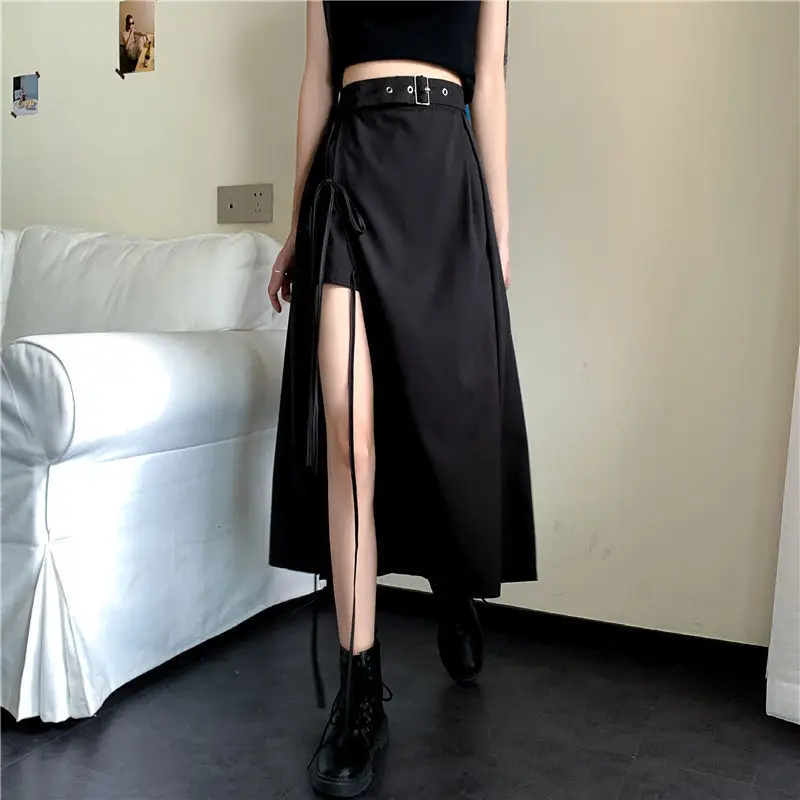

HOUZHOU Black Side Split High Waist Long Skirt Women Harajuku Lace-up A-line Midi Skirt Sexy Summer Goth Dark Korean Style