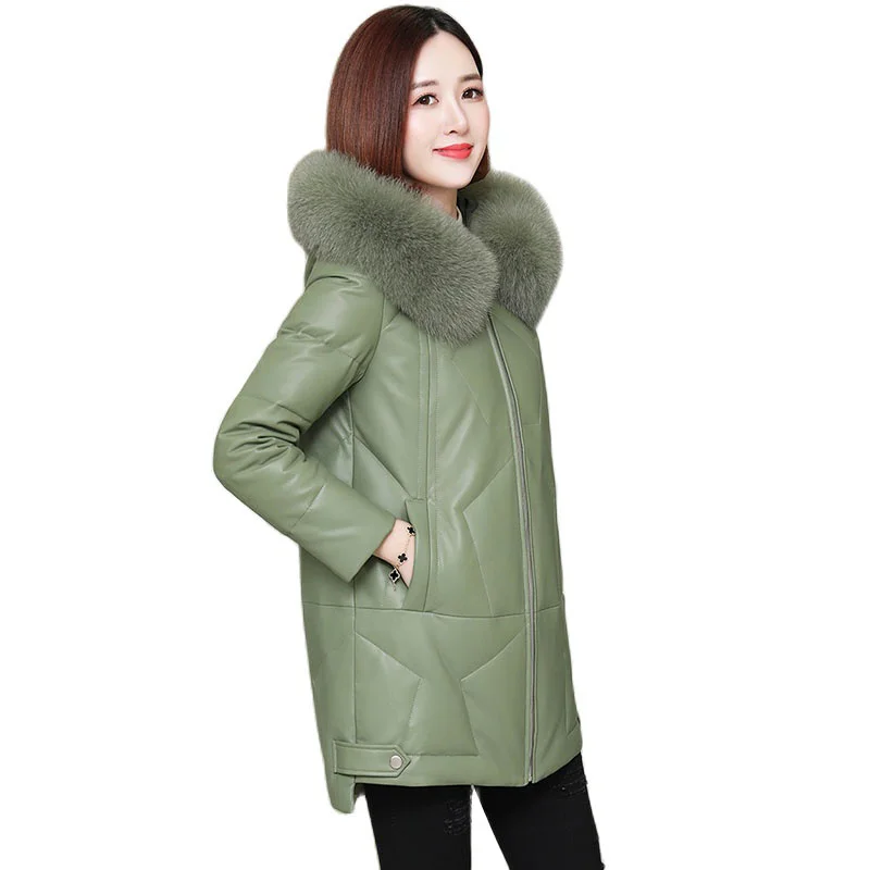 

Зимнее женское пальто из искусственной кожи, модная утепленная куртка средней длины с большим меховым воротником, Женская куртка из искусс...