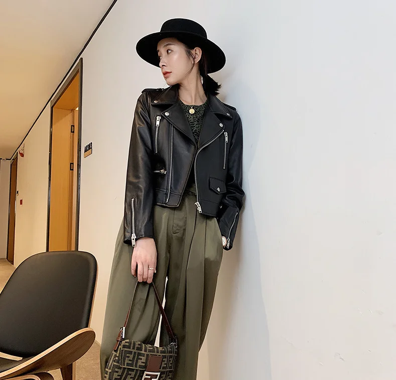 2021 New Women's Motorcycle Biker Genuine Real Sheepskin Leather Short Coat & Jacket  Spring and Autumn Black Oversized XXXXL