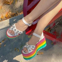 hot woman rainbow thick sole platform wedge sandal female white leather bling rhinestone studs ankle strap peep toe sandal shoes