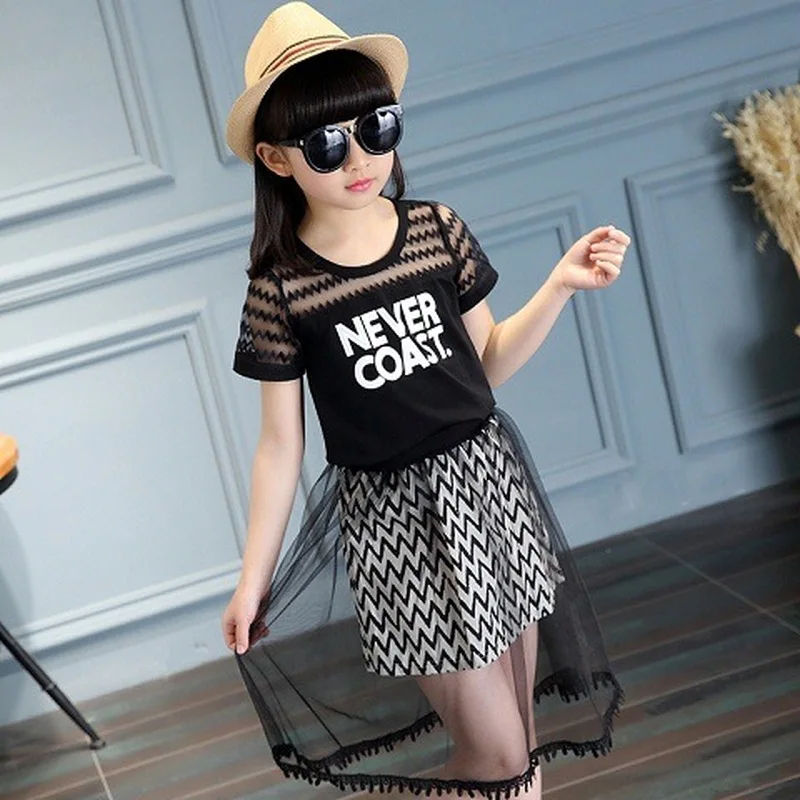 

Girl's Sweet Style Lettered Splicing Dress New 2020 Cotton Mesh round Neck Dress summer clothes baby girl clothes set