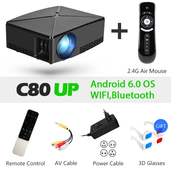 C80UP-FS AUN Proyector C80 UP, разрешение 1280x720, 2200 люмен с Android wifi HD мультимедийный проектор для домашнего кинотеатра, дополнительный мини-проектор C80 - Цвет: C80UP-FS