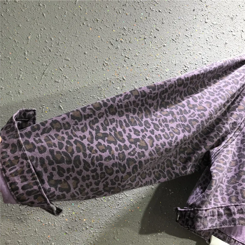 

Fashion Leopard Purple Denim Jacket Women Short Jackets Spring Autumn Lapel Long sleeve Loose Casual Jeans Coat Female Tide