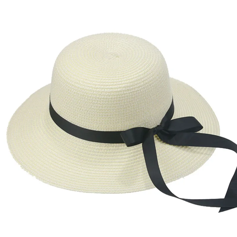 

women hats summer big brim classic summer hats ribbon band bowknot khaki round top beach sun protection bucket summer sun hats