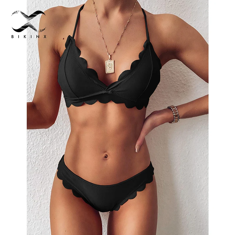 Женский купальник с лямкой на шее однотонный треугольный Соблазнительный