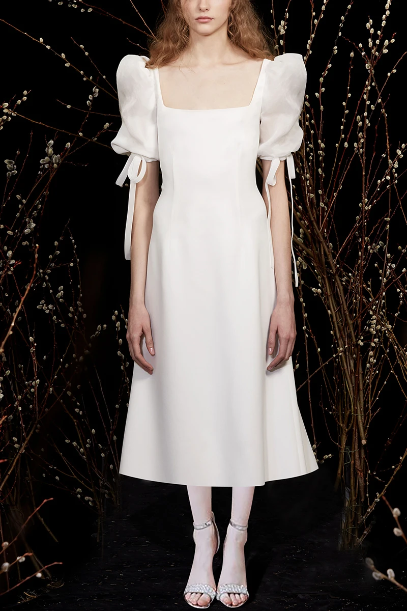 

Korean Chic Vintage Elegant Square Neck White Dress Women Summer New Short Puff Sleeve High Waist Mid-calf Sheath Party Dresses