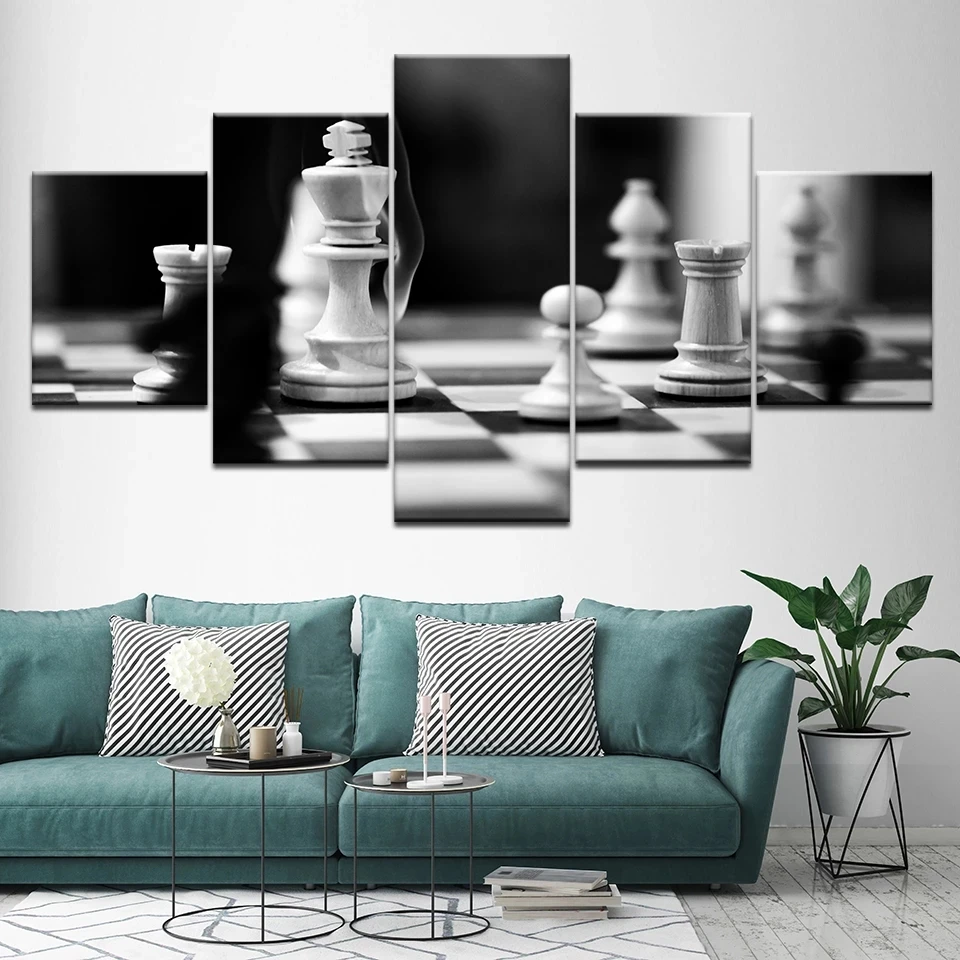 

Modular Prints Poster Canvas Painting Artwork 5 Pieces Black And White Chess Pictures Wall Art Modern Living Room HD Frame Decor
