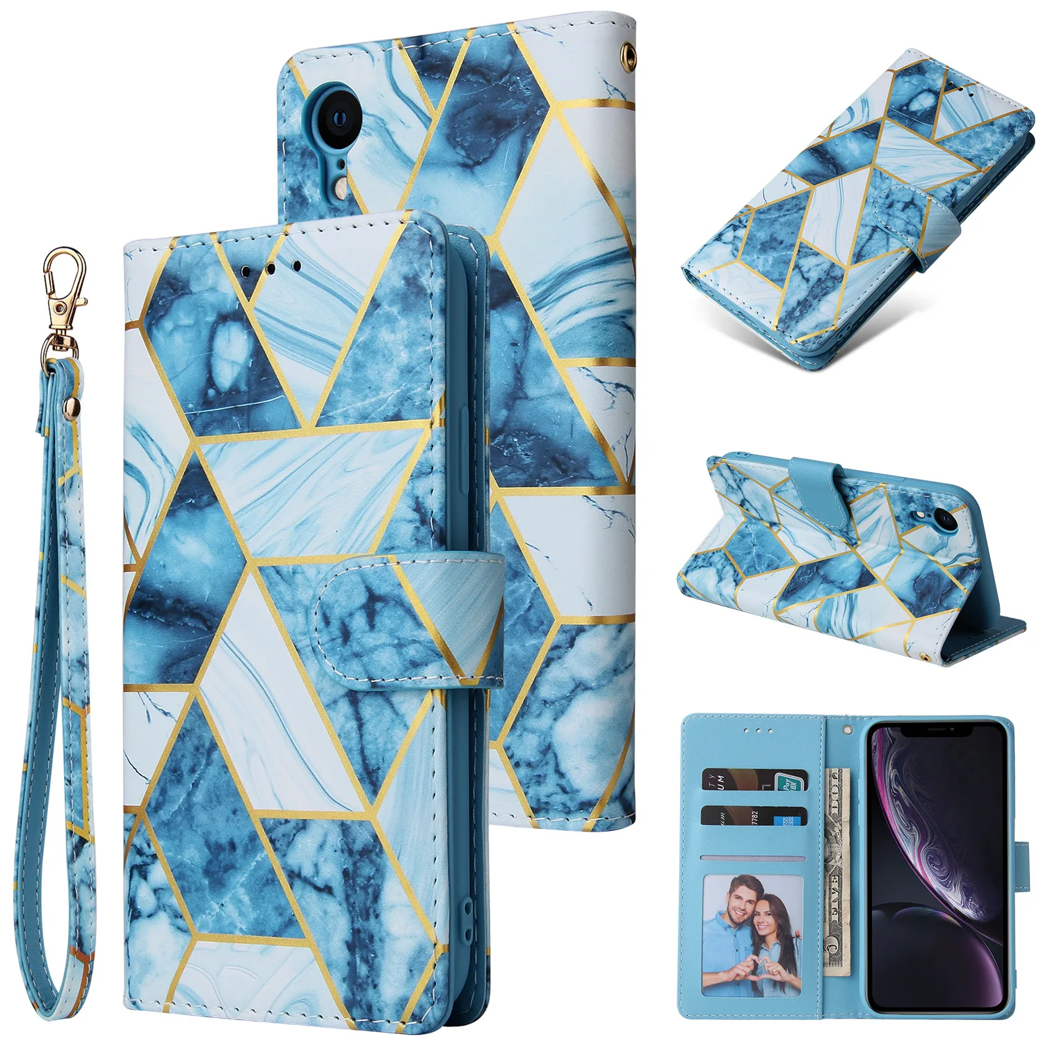 

Leather Case for iPhone 12 Mini 11 Pro Max SE 2020 XR X XS 6s 7 8 Plus Flip Wallet Phone Cover Geometric Marble Pattern Funda