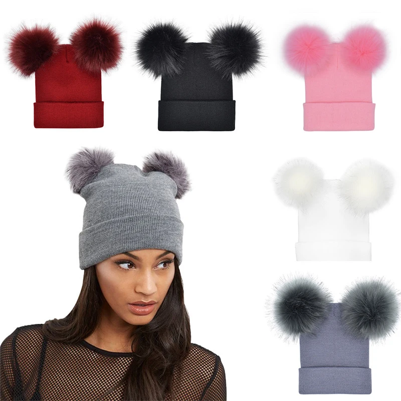 

5colors Winter Hat Pompom Women Knit Slouchy Beanie Chunky Baggy Hat with Faux Fur Double Pompom Winter Soft Warm Ski Cap