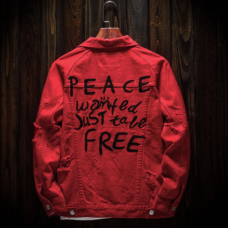 

Men's spring and autumn large red denim jacket shoulder loose jacket EMBROIDERED MOTORCYCLE top