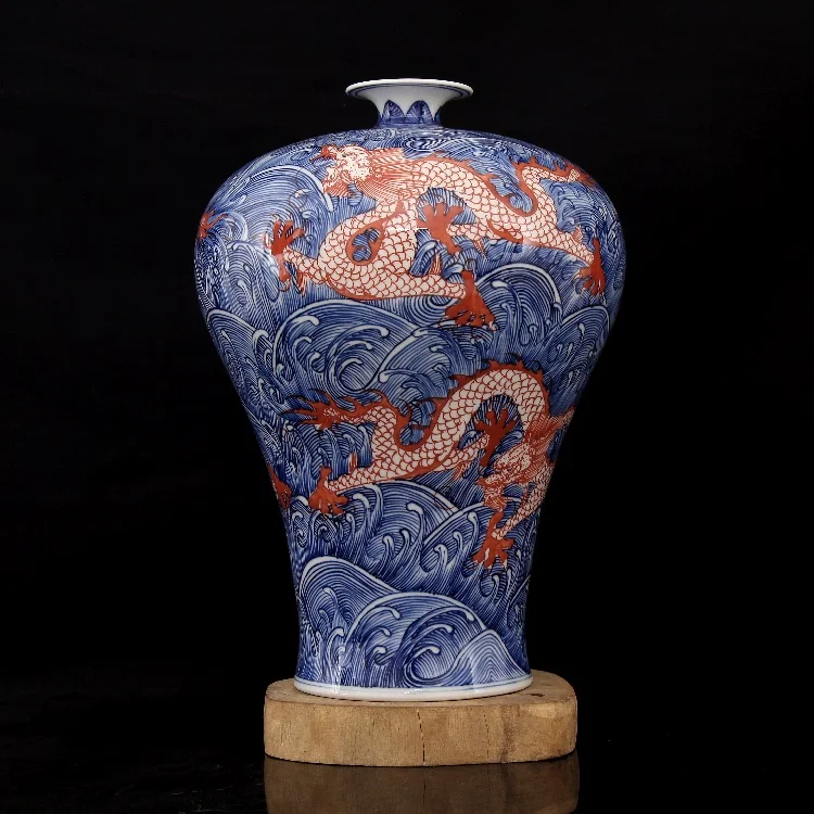 Qing Dynasty Qianlong ปี Mark Blue และสีขาวเคลือบ handpainted ทะเลน้ำห้ามังกรรูปแบบแจกันโบราณเครื่องประดับ Porcelain