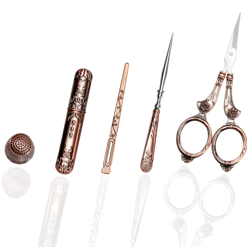 

Nonvor 5Pcs Professional Vintage Embroidery Stainless Steel Safety Scissor Needle Case Sewing Thimble Awl Needlework Tools